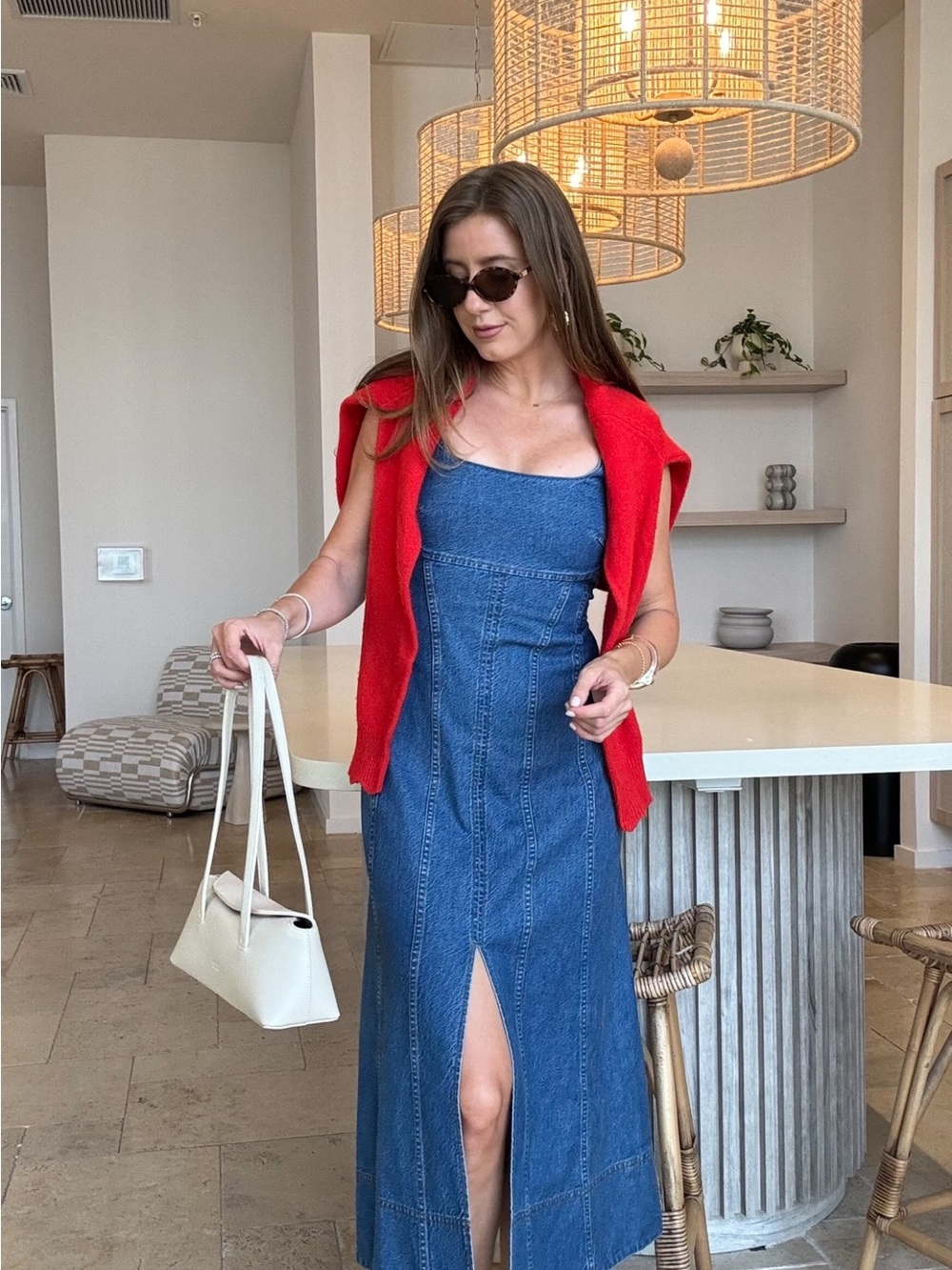 Tanya Taylor Denim Blue Midi Dress with Red Layering
